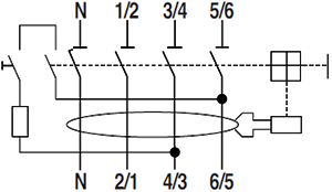 对于N极在左侧的4P漏电保护开关,测试按钮回路是串联在3/4-4/3和5/6-6/5两极 对于N极在左侧的4P漏电保护开关,测试按钮回路是串联在3/4-4/3和5/6-6/5两极